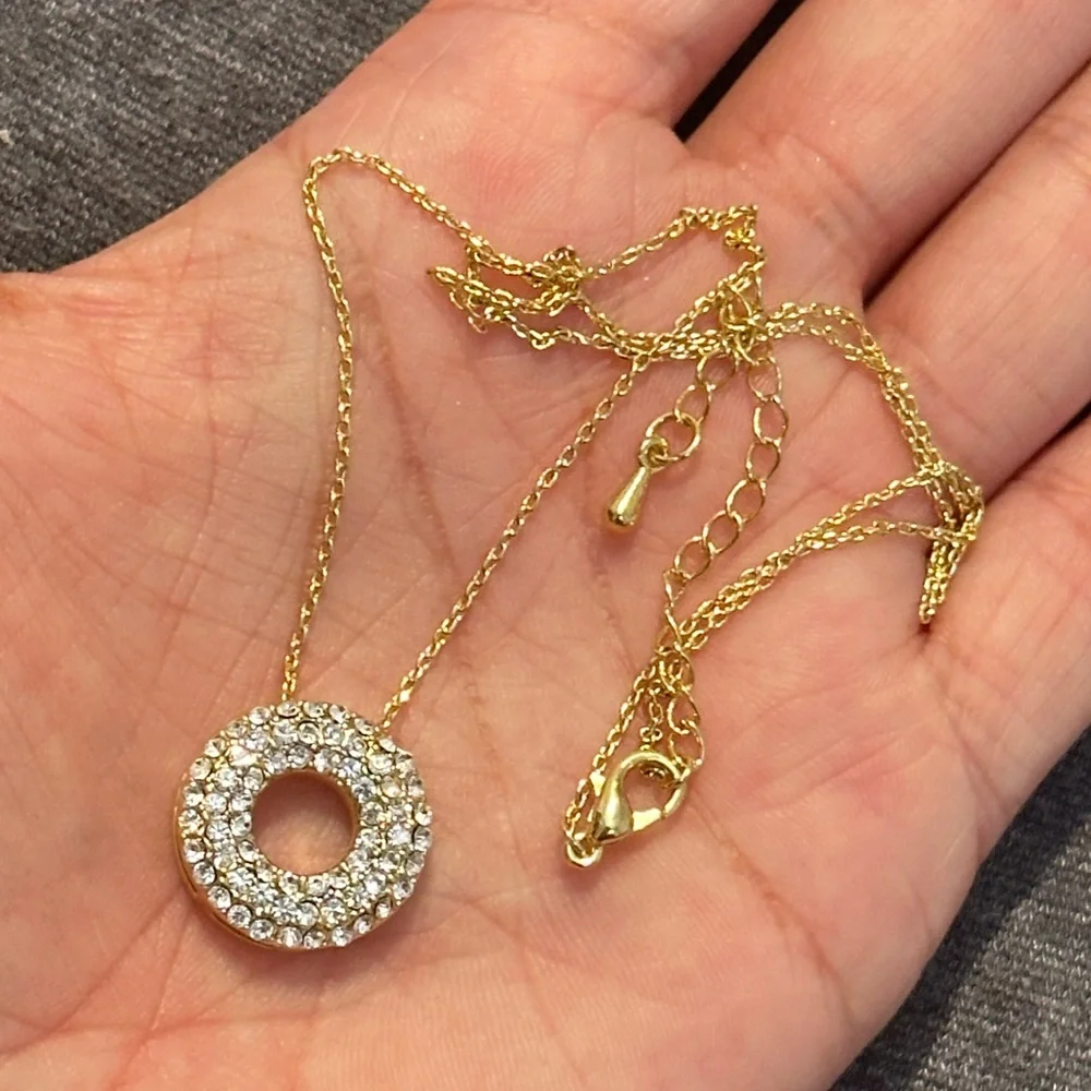 Rhinestone Circle/Donut Attached Pendant & Gold Chain Necklace, 16-20” Length - Picture 4 of 6